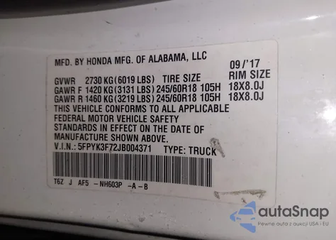2018 Honda Ridgeline Rtl-E z USA, uszkodzony, nr VIN 5FPYK3F72JB004371